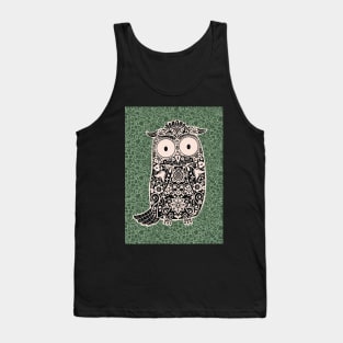 Black and White Folk Art Owl on Green Floral Background - Tank Top